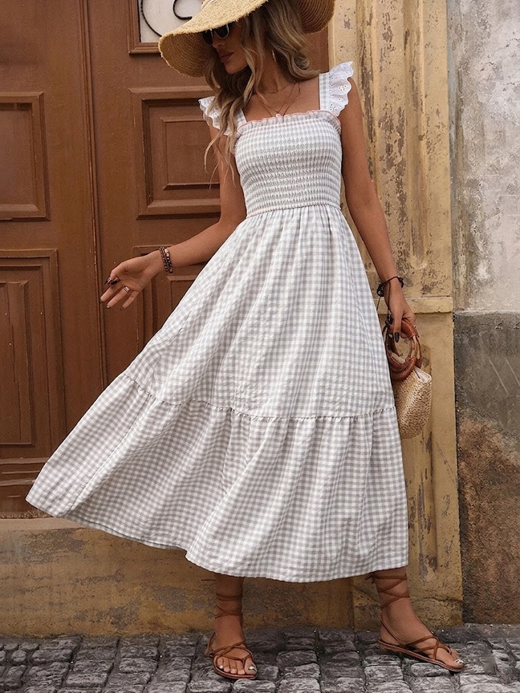 Retro Smocked Plaid Maxi Dress with Pockets
