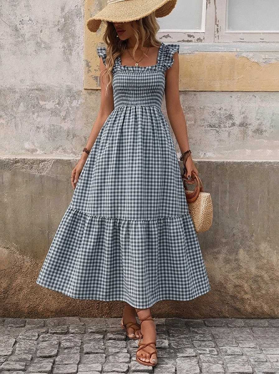 Retro Smocked Plaid Maxi Dress with Pockets
