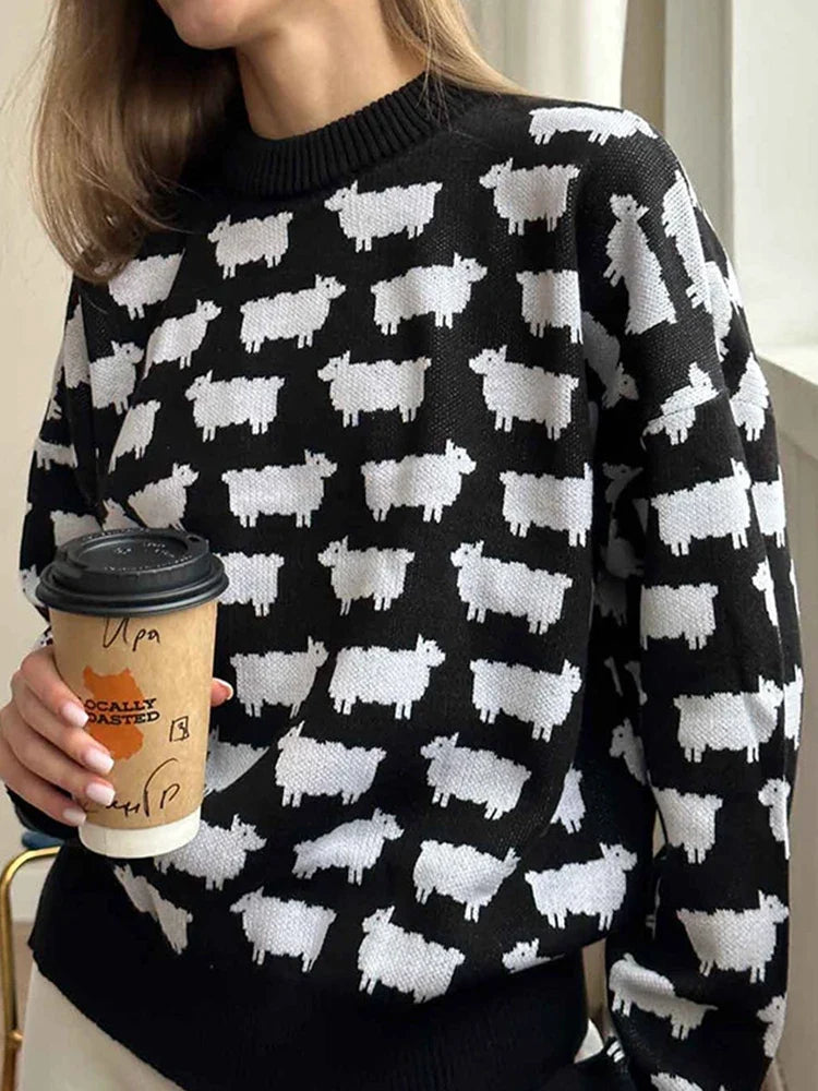 Women's Crew Neck oversize Alpaca Print Sweater