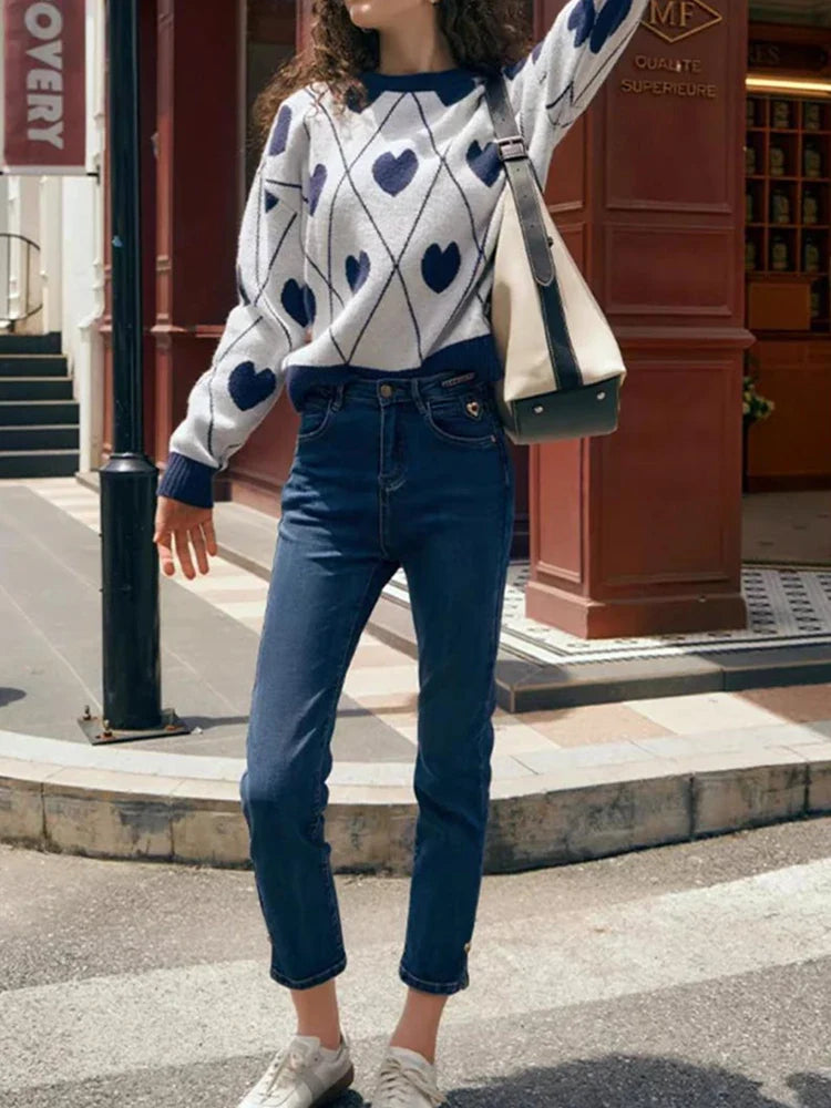 Women's Cute Heart Jacquard Round Neck Cropped Sweater