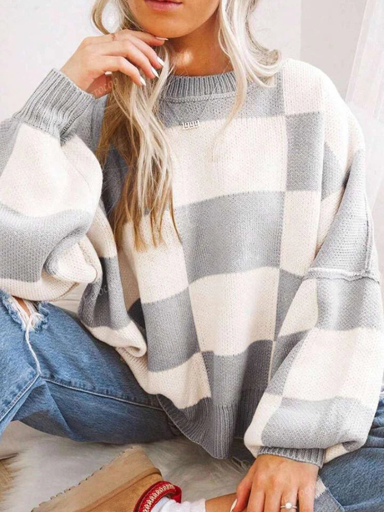 Womens Crew Neck Long Sleeve Plaid Ribbed Knit Loose Pullover Sweater Tops