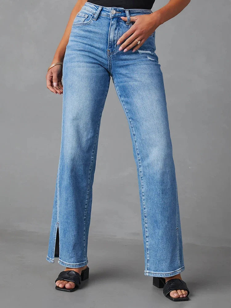 Women's high waist fashionable slit straight stretch jeans