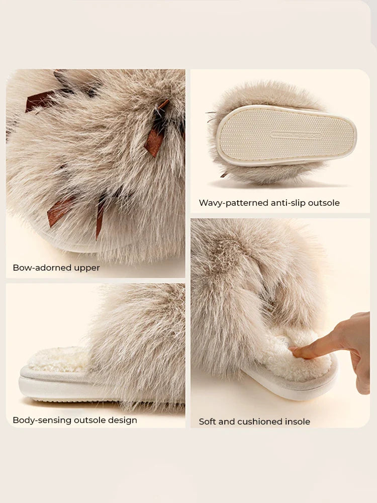 Women’s Fluffy Bow Plush Slippers – Warm Fuzzy Indoor Slides with Thick Soft Soles