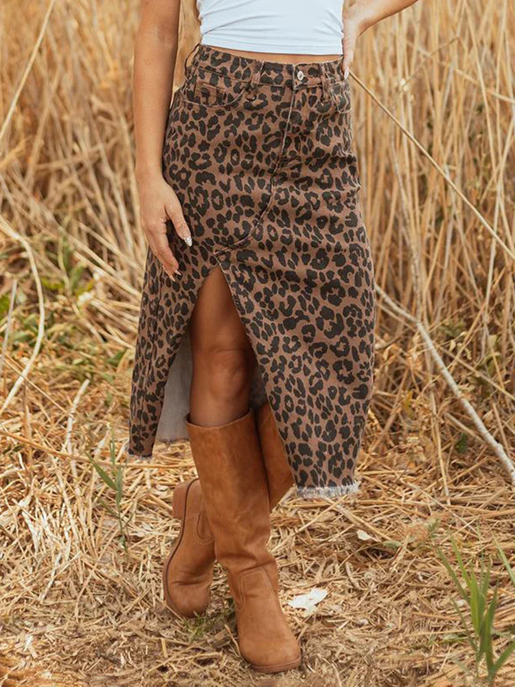 Women's High-Waisted Leopard Print Denim Skirt with Slit