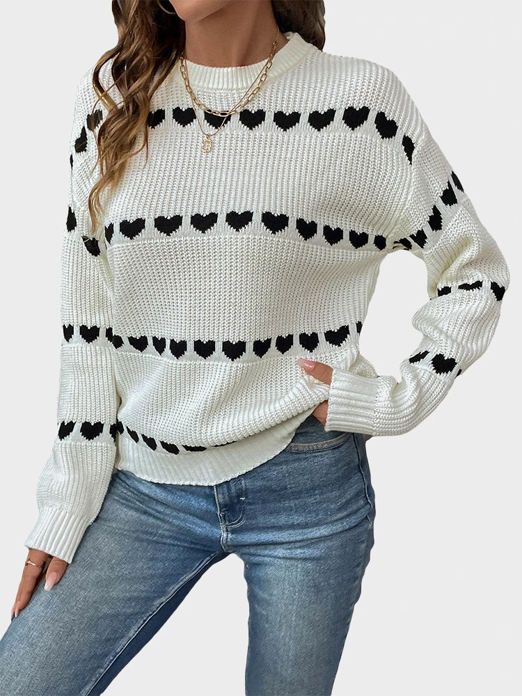 Women's Heart Crew Neck Casual Long Sleeve Sweater