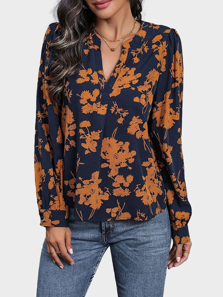 Women's V Neck Floral Print Pullover Pleated Blouse