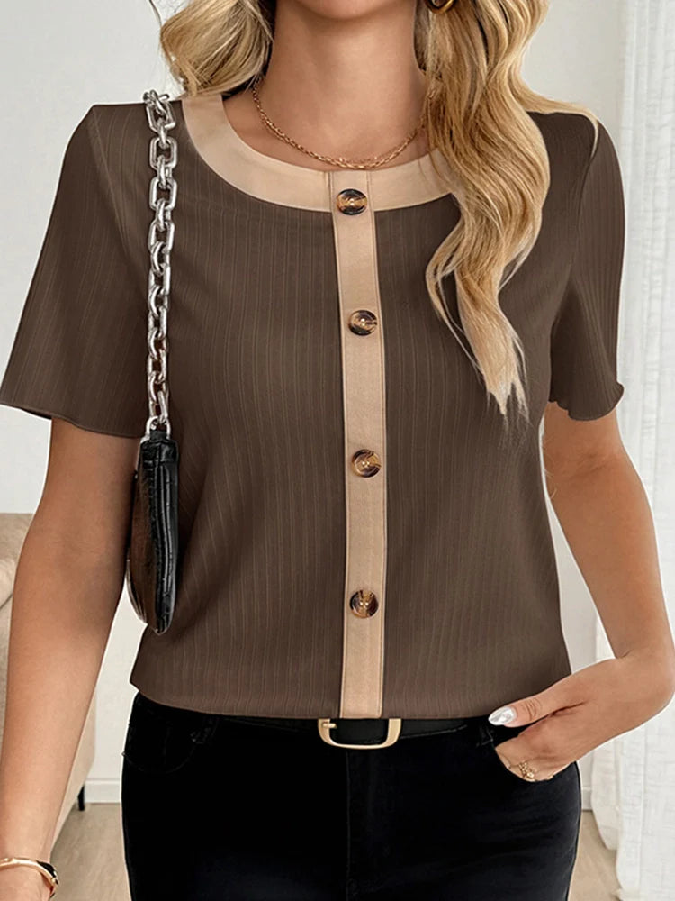 Women's Contrast Trim Ribbed Knit Tops