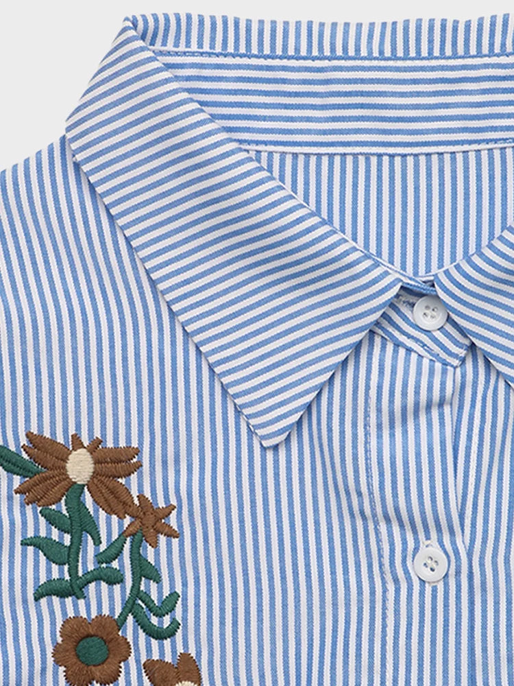 Women’s Striped Embroidered Button-Up Blouse