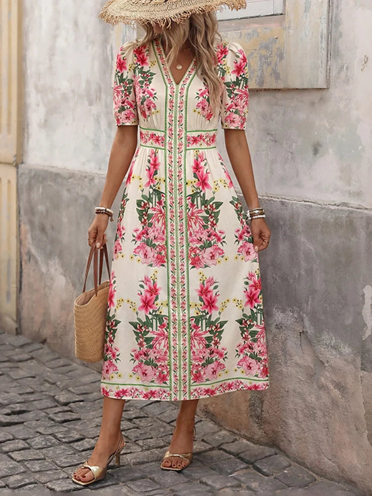 Boho Floral Print V Neck Midi Dress