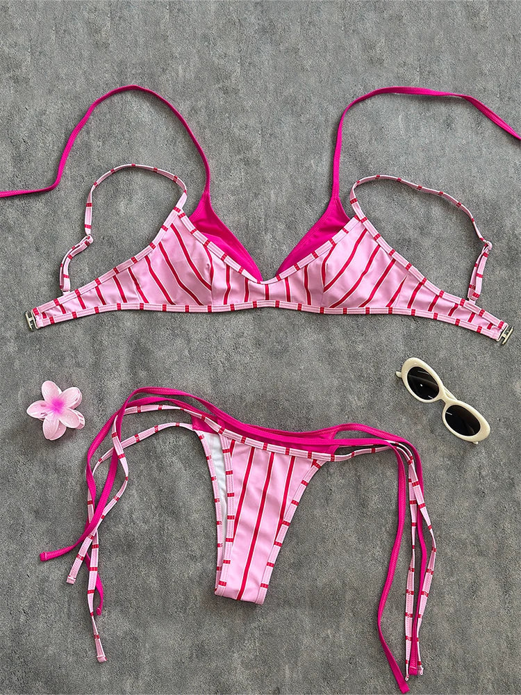 Women’s Pink Striped Halter Triangle Bikini Set