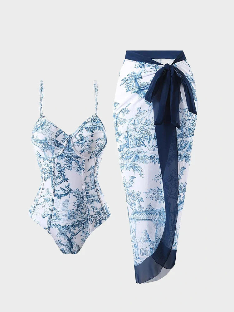Blue Toile Print Cami Bodysuit & Mesh Skirt Set