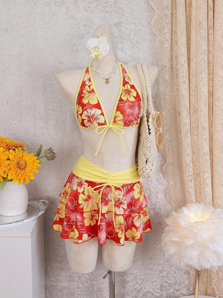 Hot Pink Tropical Halter 3-Piece Bikini Skirt Set