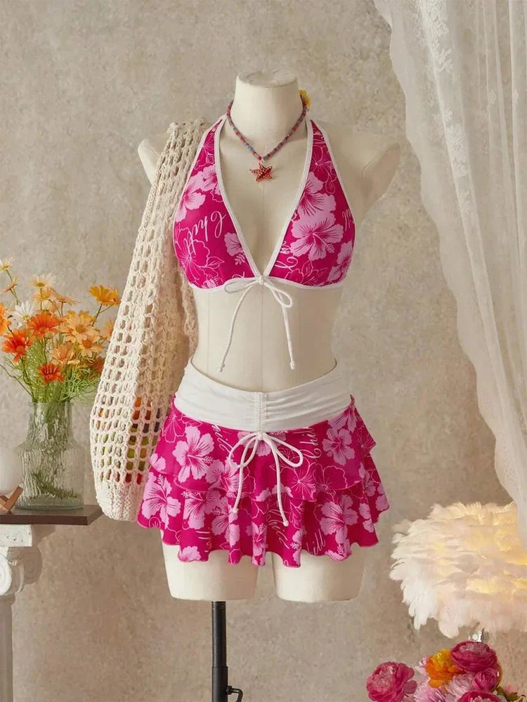 Hot Pink Tropical Halter 3-Piece Bikini Skirt Set