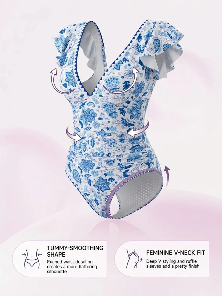 Ruffled V-Neck Tummy Control One-Piece Swimsuit