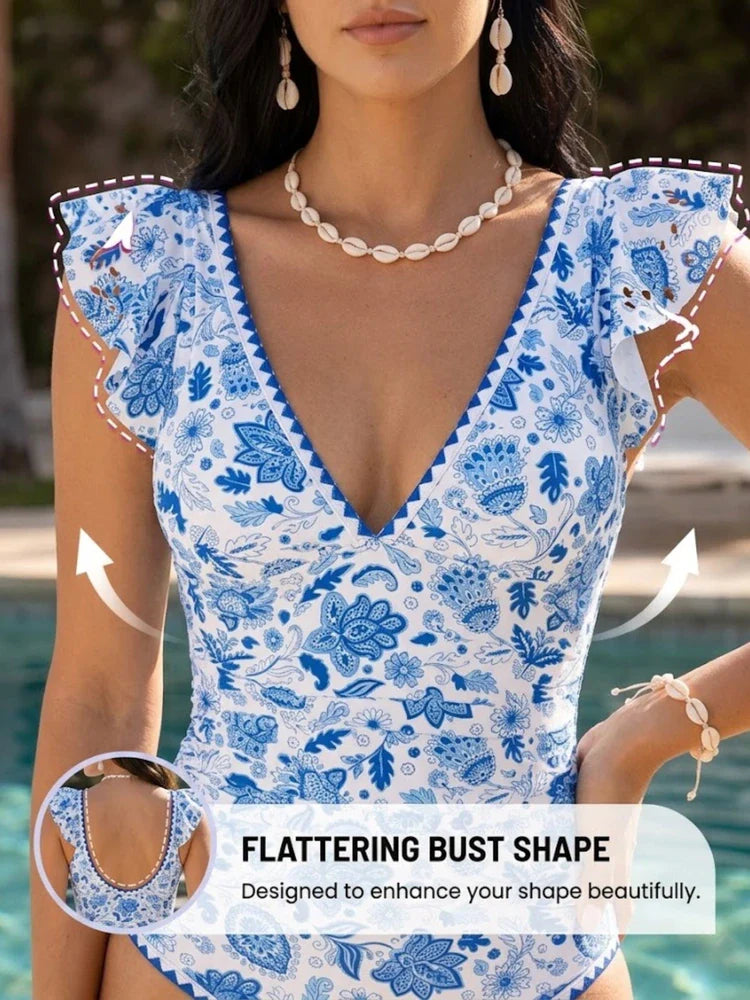 Ruffled V-Neck Tummy Control One-Piece Swimsuit