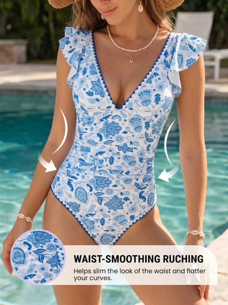 Ruffled V-Neck Tummy Control One-Piece Swimsuit