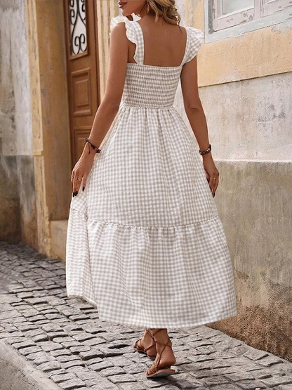 Retro Smocked Plaid Maxi Dress with Pockets