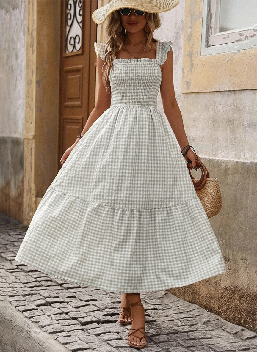 Retro Smocked Plaid Maxi Dress with Pockets