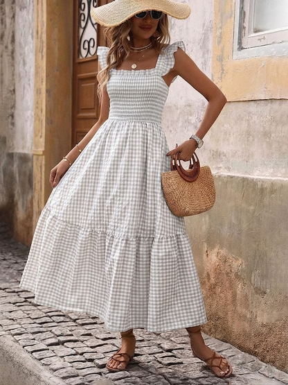 Retro Smocked Plaid Maxi Dress with Pockets