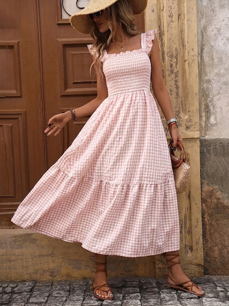 Retro Smocked Plaid Maxi Dress with Pockets