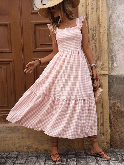 Retro Smocked Plaid Maxi Dress with Pockets