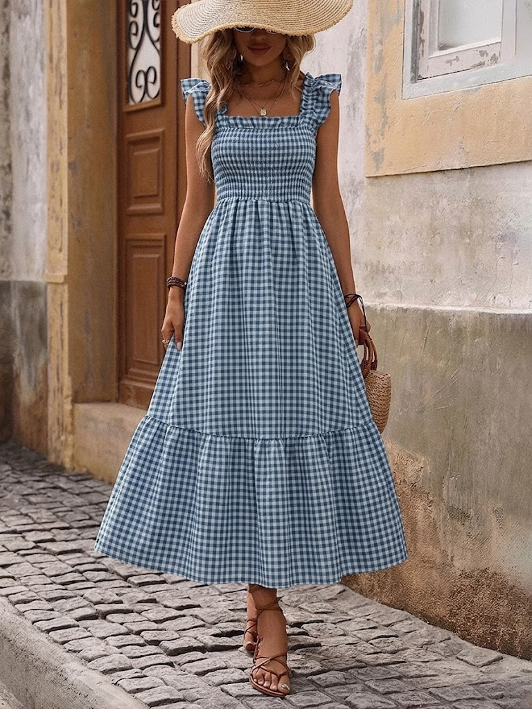 Retro Smocked Plaid Maxi Dress with Pockets