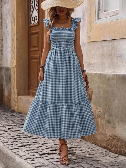 Retro Smocked Plaid Maxi Dress with Pockets