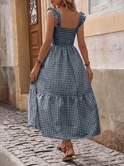 Retro Smocked Plaid Maxi Dress with Pockets