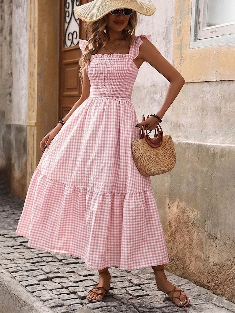 Retro Smocked Plaid Maxi Dress with Pockets