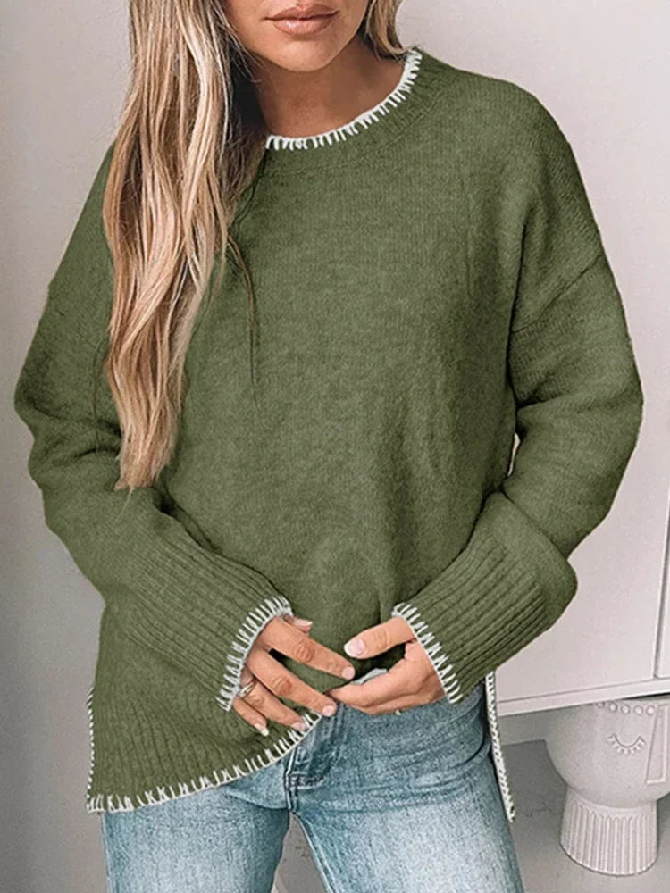 Womens Crewneck Pullover Sweater Long Sleeve Knit Slit