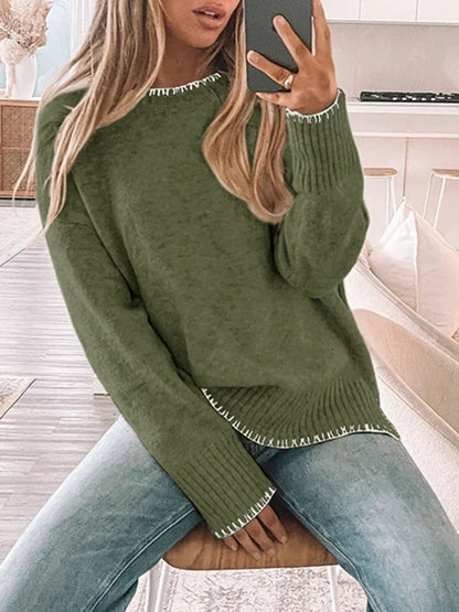 Womens Crewneck Pullover Sweater Long Sleeve Knit Slit