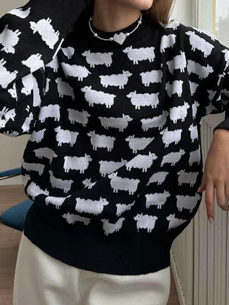 Women's Crew Neck oversize Alpaca Print Sweater