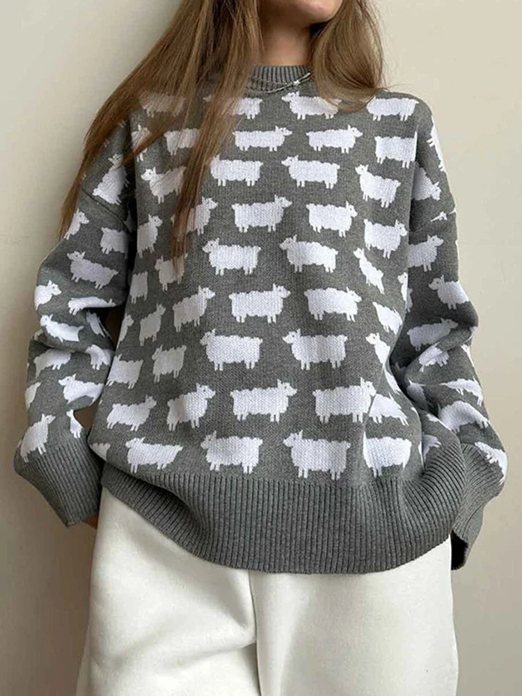 Women's Crew Neck oversize Alpaca Print Sweater