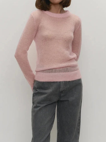 women's Lightweight Knitted Mohair Sweater Boat Neck Sheer