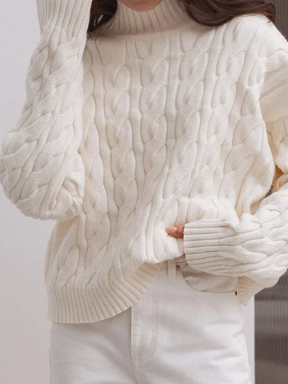 Womens High Collar Loose and Thick Lazy Style  Cable Knit Pullover Sweater