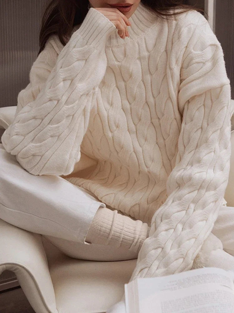 Womens High Collar Loose and Thick Lazy Style  Cable Knit Pullover Sweater