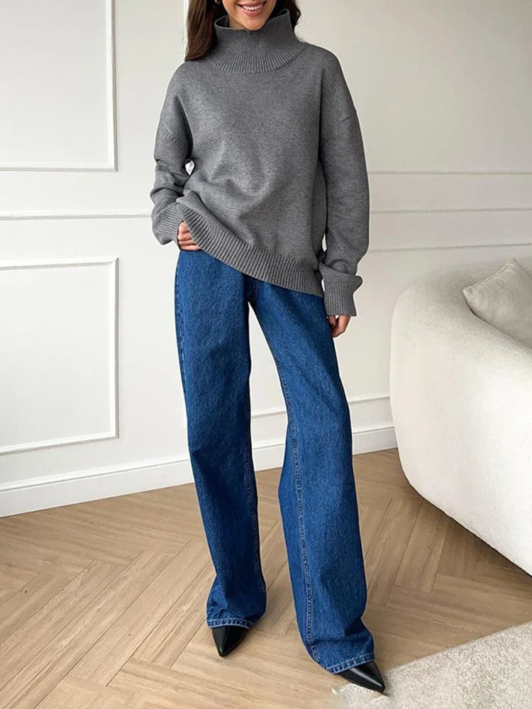 Womens Turtleneck  Long Sleeve Oversized  Knit Pullover Sweater