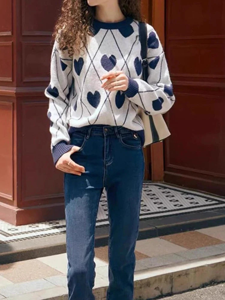 Women's Cute Heart Jacquard Round Neck Cropped Sweater