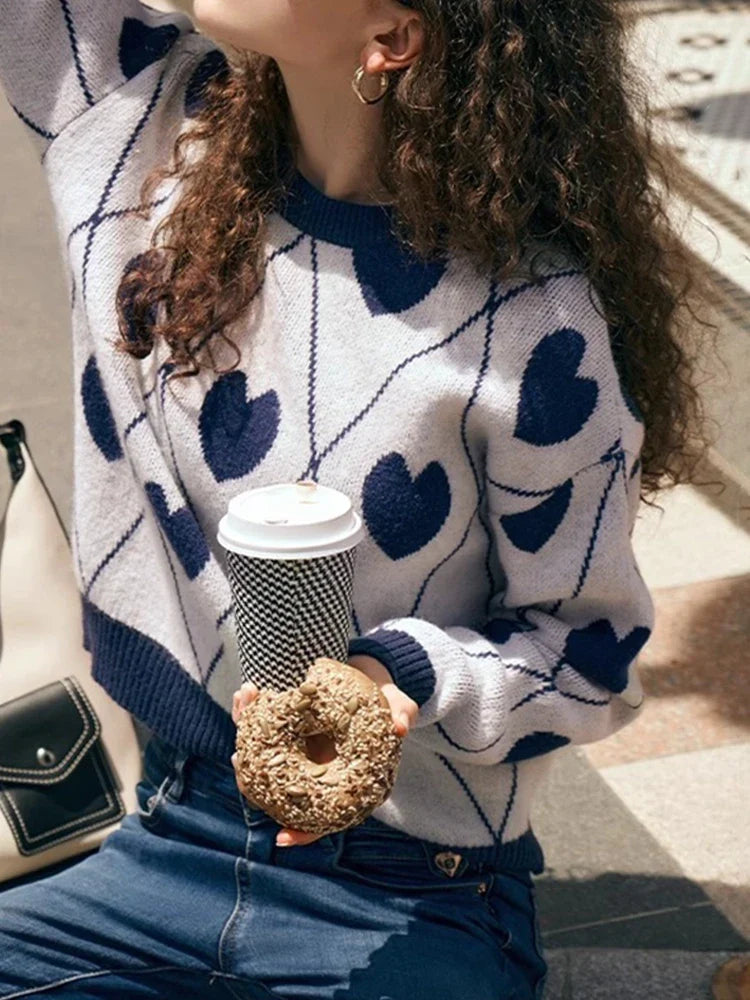 Women's Cute Heart Jacquard Round Neck Cropped Sweater