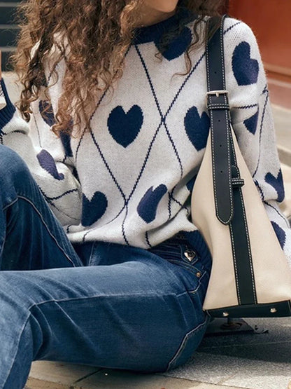 Women's Cute Heart Jacquard Round Neck Cropped Sweater