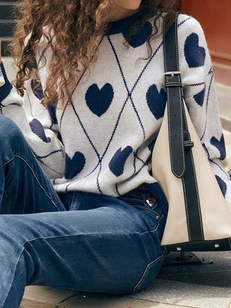 Women's Cute Heart Jacquard Round Neck Cropped Sweater