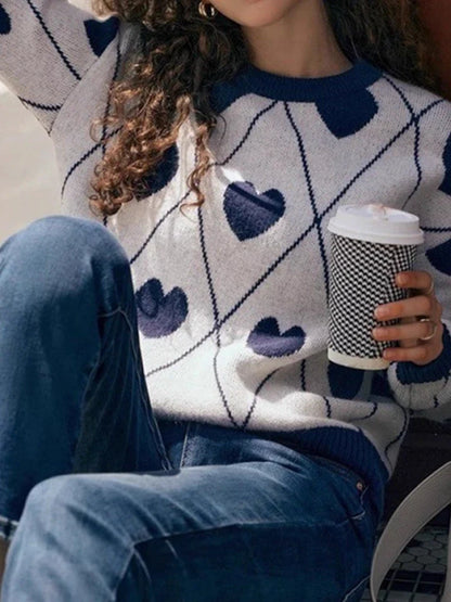 Women's Cute Heart Jacquard Round Neck Cropped Sweater