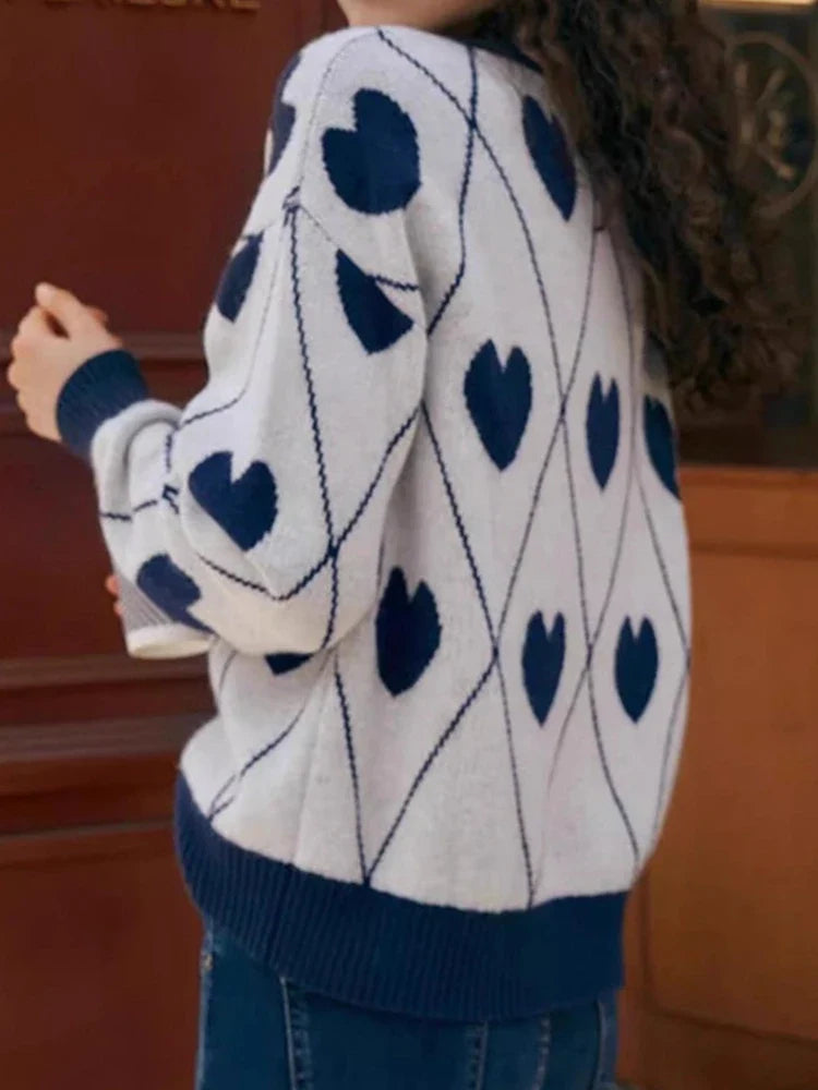 Women's Cute Heart Jacquard Round Neck Cropped Sweater