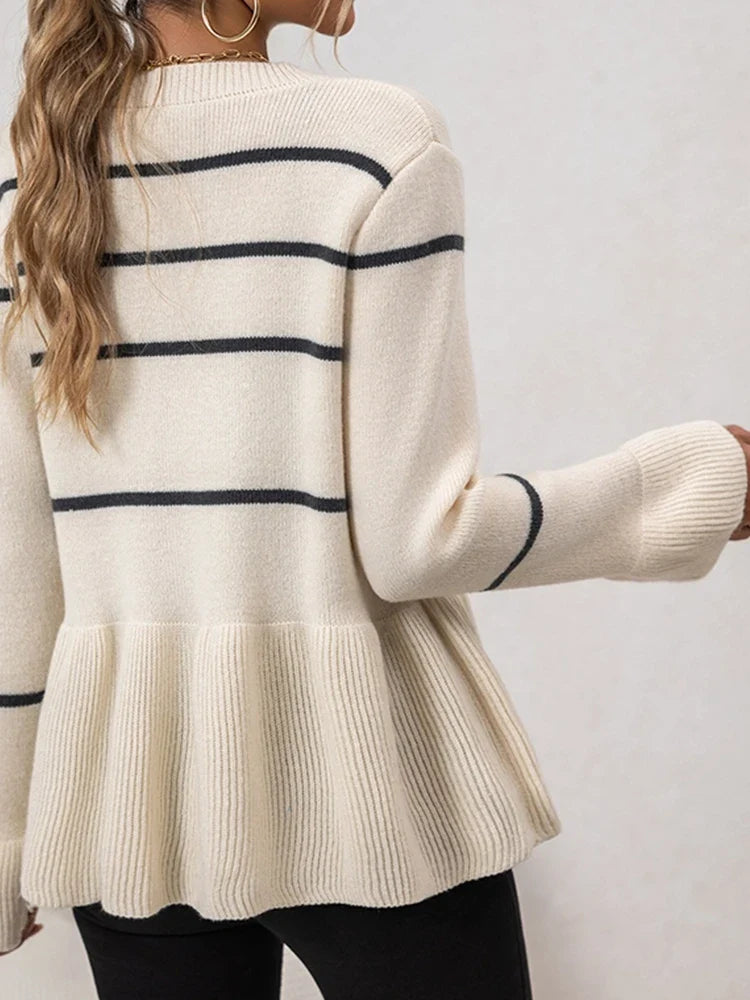 Women's V-neck striped lazy knitted long-sleeved cardigan