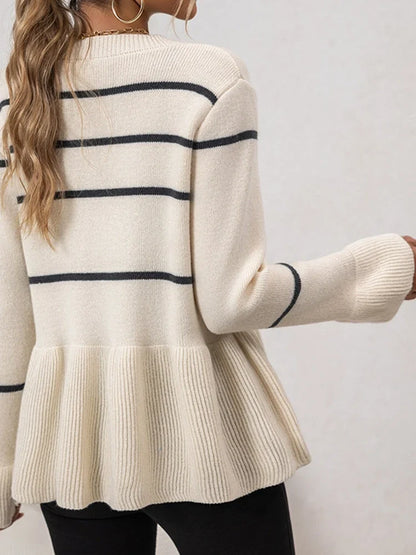 Women's V-neck striped lazy knitted long-sleeved cardigan