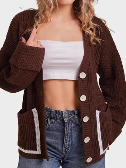 V-neck pocket contrast knit cardigan