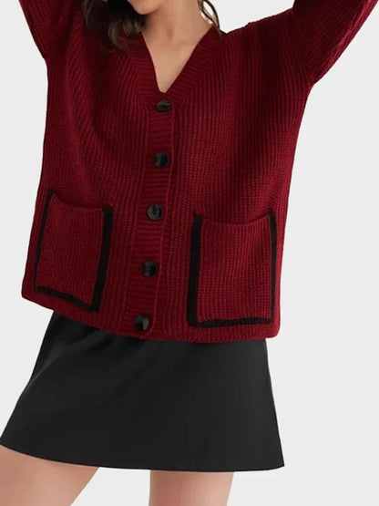 V-neck pocket contrast knit cardigan