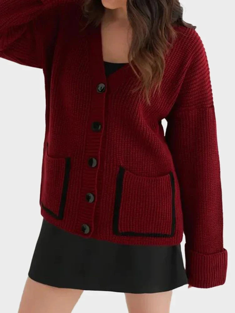 V-neck pocket contrast knit cardigan