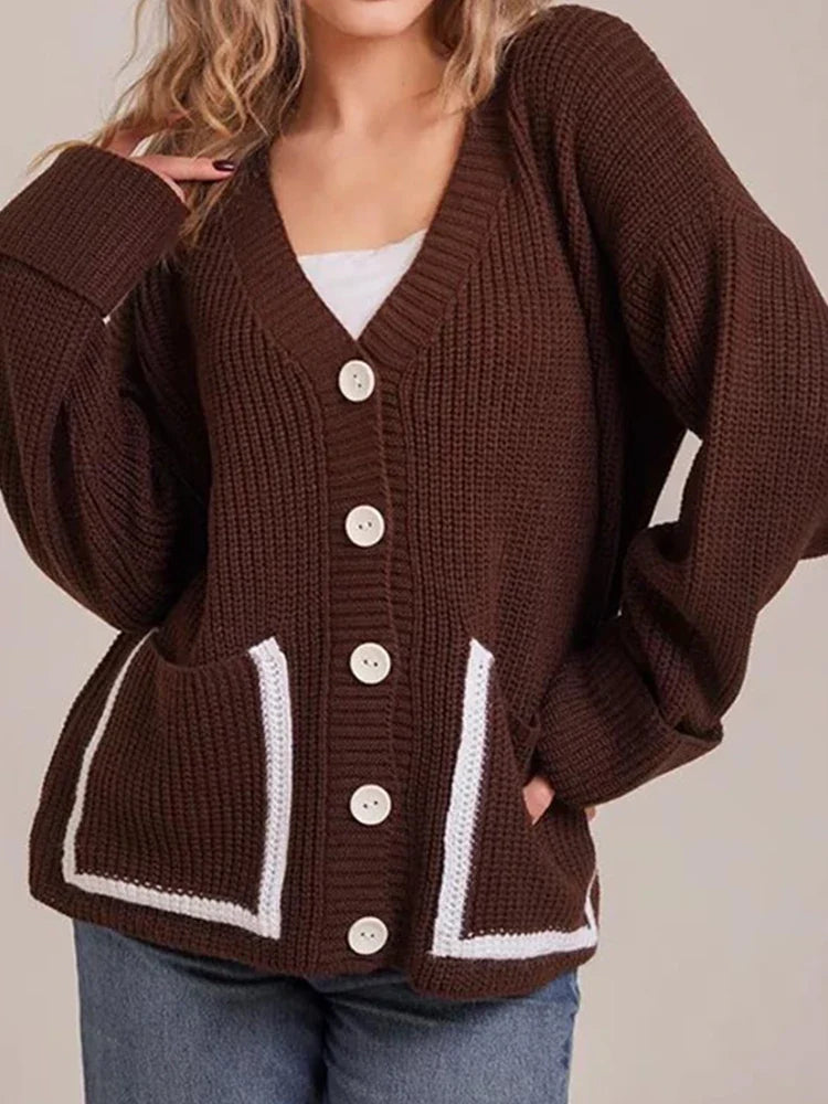 V-neck pocket contrast knit cardigan
