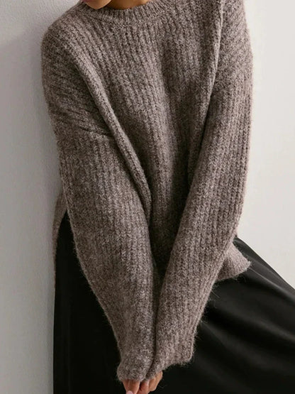 Women's Crew Neck Knitted Hem Loose-Fit Long-Sleeve Sweater